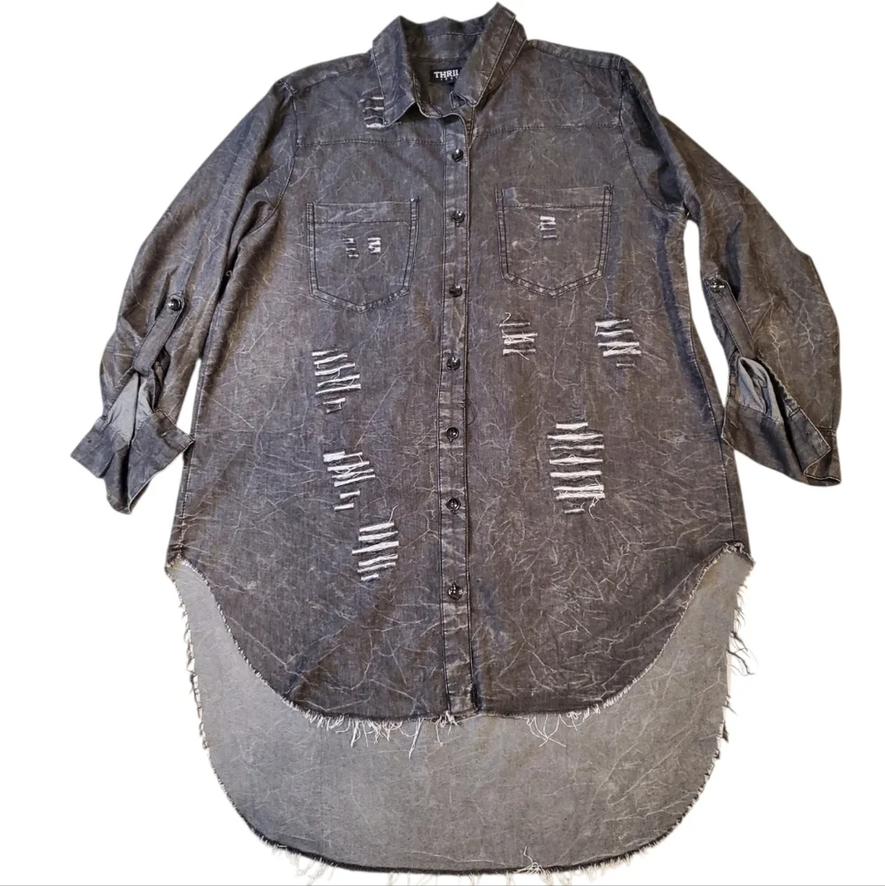 Thrill Jeans Distressed Shirt Women's Size 2X Black Dark Wash Hi Low Raw Hem - Picture 9 of 13